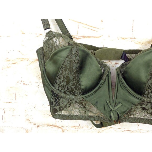 Victoria’s Secret Very Sexy Bustier Demi Bra 32C Olive Green Lace Satin Pin Up - Picture 8 of 14